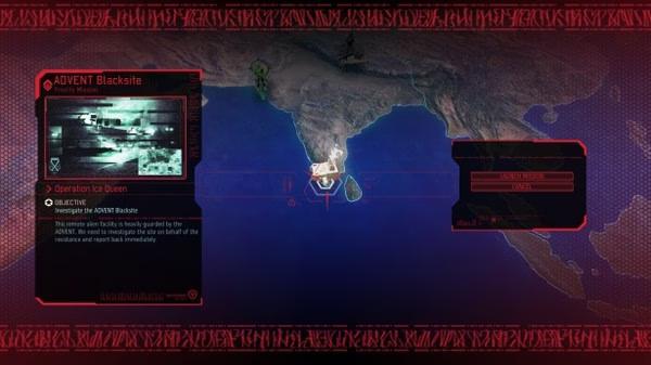 XCOM® 2 screenshot showing a mission briefing for "Operation Blacksite" on a world map, highlighting the ADVENT Blacksite location.