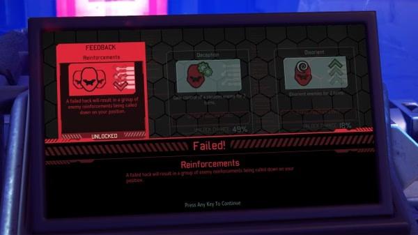 XCOM® 2 screenshot: Failed hack feedback on a screen, showing consequences of enemy reinforcements and mission penalties.