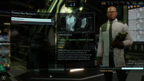 XCOM® 2 screenshot: A scientist stands near a research screen displaying "Hybrid Materials" and "Magnetic Weapons" options.