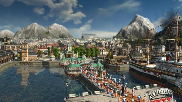 Anno 1800 screenshot: A bustling harbor with ships, docked piers, and vibrant cityscape surrounded by mountains under a clear sky.