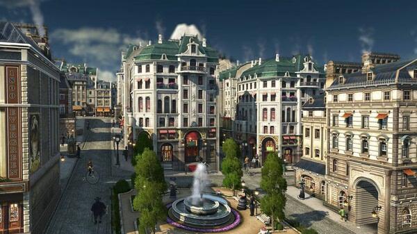 Screenshot from Anno 1800 showing a bustling city scene with ornate buildings, cobblestone streets, and a central fountain.