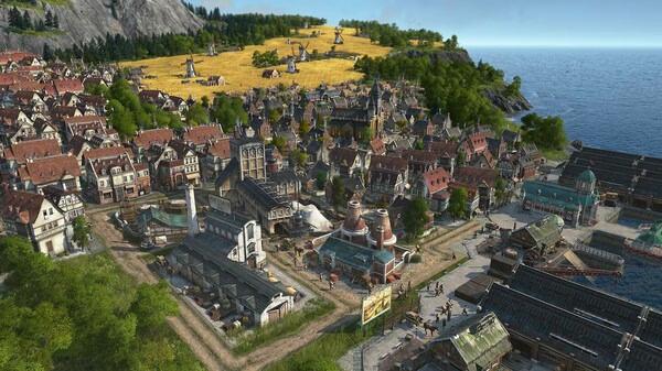 A screenshot from Anno 1800 showcasing a bustling town with houses, industrial buildings, and a vibrant coastline under a clear sky.