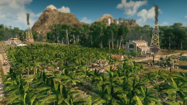 Screenshot from Anno 1800 showing a lush plantation with workers, surrounded by oil rigs and distant mountains under a clear sky.