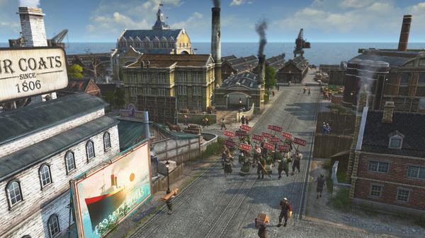 Anno 1800 screenshot showing a bustling industrial-era town with workers marching on a cobblestone street near factories and buildings.