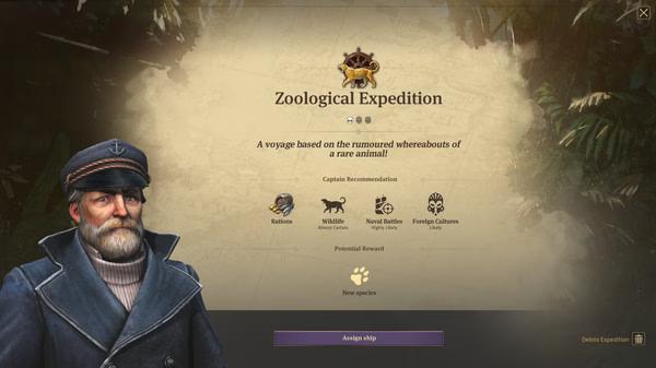 Screenshot of Anno 1800 shows a Zoological Expedition screen, detailing objectives and potential rewards for finding a rare animal.