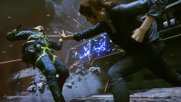 A dynamic screenshot from CONTROL Ultimate Edition featuring a character using telekinesis to attack an enemy amidst debris.