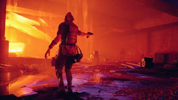 Screenshot of CONTROL Ultimate Edition showing a character walking through a fiery, glowing environment with scattered debris.