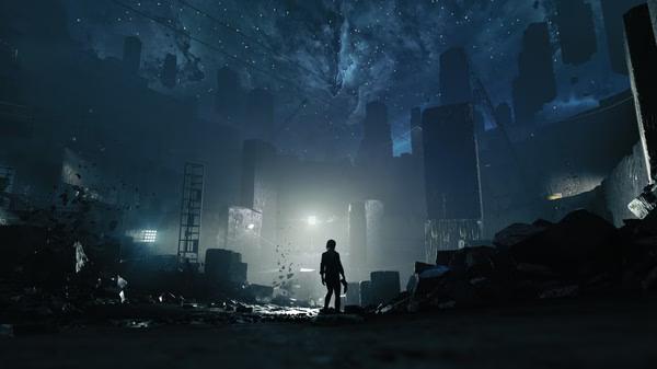 A screenshot from CONTROL Ultimate Edition shows a lone figure standing in a dark, ruined room with glowing lights and debris.