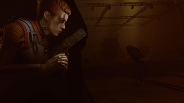 A screenshot from CONTROL Ultimate Edition showing the protagonist holding a weapon in a dimly lit room with shadowy figures.