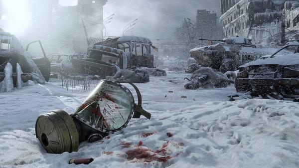 A Metro Exodus screenshot showing a snowy, desolate urban landscape with abandoned vehicles, a bloody gas mask, and ruined buildings.