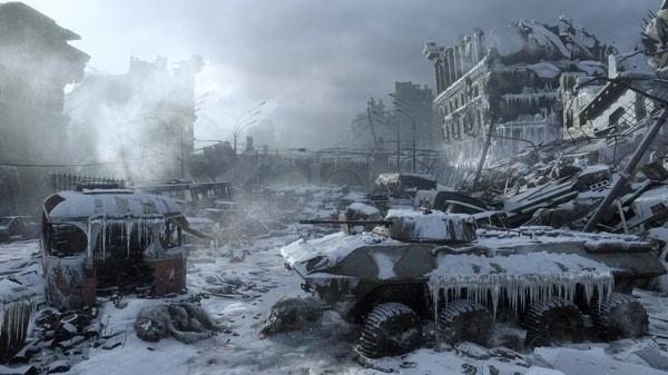 Screenshot from Metro Exodus showing a snow-covered, post-apocalyptic cityscape with abandoned vehicles and ruined buildings.