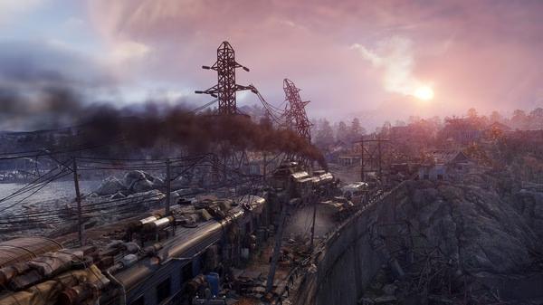 Screenshot from Metro Exodus showing a train emitting smoke on a bridge at sunset, with industrial structures in the background.
