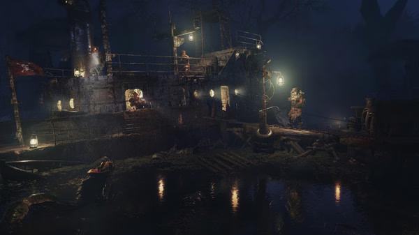 A screenshot from Metro Exodus shows a dimly lit swamp area with a boat, lanterns, and characters near a rusty ship at night.