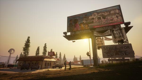 A sunset view in State of Decay 2: Juggernaut Edition, showing a BBQ diner and a large billboard. Screenshot features a rural landscape.