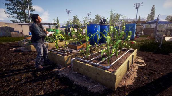Screenshot from State of Decay 2: Juggernaut Edition showing a character tending to a small vegetable garden in a sunlit, outdoor setting.