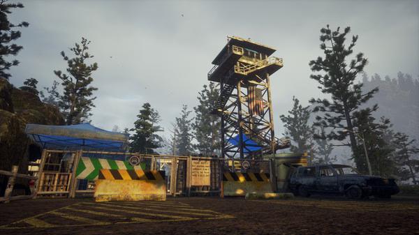 Screenshot from State of Decay 2: Juggernaut Edition showing a watchtower surrounded by trees and abandoned vehicles.
