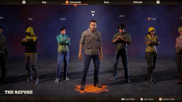 Screenshot from State of Decay 2: Juggernaut Edition showing six characters in the Community tab.