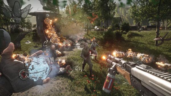 Screenshot from Atomic Heart showing a player holding a glowing object, aiming a weapon at approaching enemies in a grassy area.