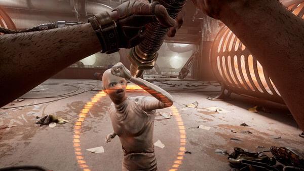 Atomic Heart screenshot: A player holds a weapon, facing a humanoid robot in a metallic, dimly lit room with scattered debris.