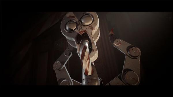 Screenshot from Atomic Heart featuring a menacing robot with large eyes and a twisted, candy-striped appendage in a dimly lit room.