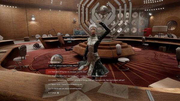 Screenshot from Atomic Heart showing a character standing in a futuristic room, engaging in dialogue with the player.