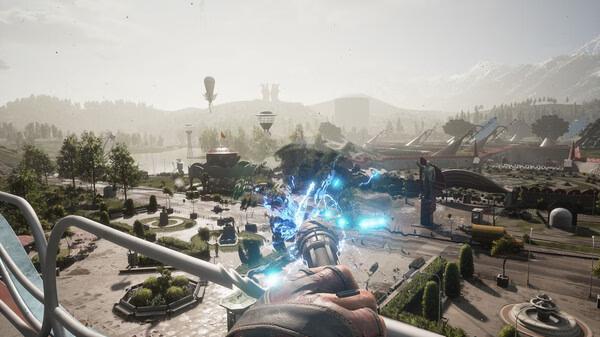 Atomic Heart screenshot: A hand wielding a glowing weapon overlooks a futuristic landscape with buildings and greenery.