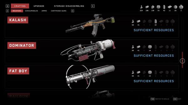 Atomic Heart screenshot showing the crafting menu with weapon options: Kalash, Dominator, and Fat Boy, plus resource availability.