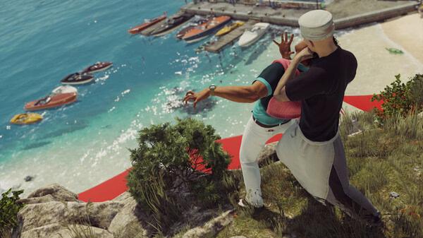 Screenshot from HITMAN World of Assassination showing Agent 47 in a sailor outfit pushing a man off a cliff into the ocean.