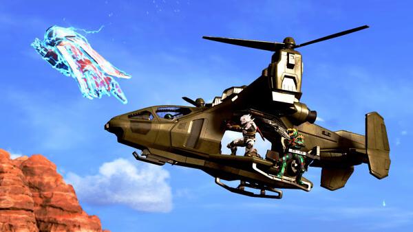 Halo Infinite screenshot: A helicopter flies near rocky cliffs as a glowing alien ship hovers in the blue sky.