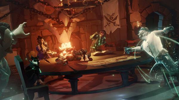 Screenshot from Sea of Thieves: 2026 Edition shows pirates and a ghostly figure around a table in a warmly lit tavern.