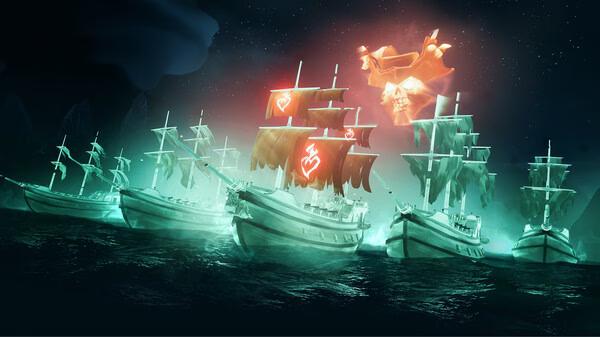 Screenshot from Sea of Thieves: 2026 Edition showing ghostly pirate ships under a starry sky with glowing sails and eerie green waters.