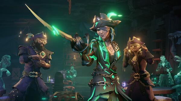 Screenshot from Sea of Thieves: 2026 Edition showing pirates in glowing attire holding swords in a dimly lit tavern.