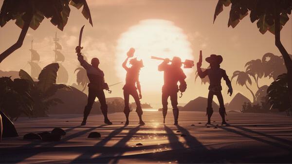 Screenshot from Sea of Thieves: 2026 Edition showing four pirates silhouetted against a sunset on a tropical beach.