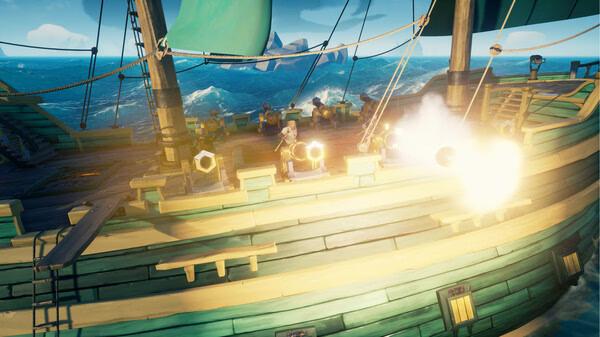 Screenshot from Sea of Thieves: 2026 Edition showing a pirate ship firing cannons amidst ocean waves and distant islands.