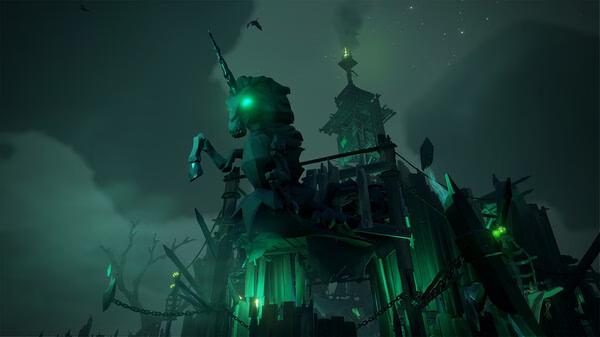 Screenshot from Sea of Thieves: 2026 Edition showing a glowing green unicorn statue in a dark, ominous setting with a fortress in the background.