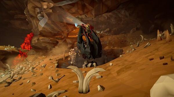 A Deep Rock Galactic screenshot showing a dwarf mining in a cave with scattered bones and glowing red crystals.