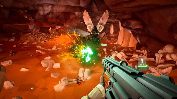 Deep Rock Galactic screenshot: A player wields a shotgun in a cave, firing at glowing insect-like creatures amidst bones and rocky terrain.