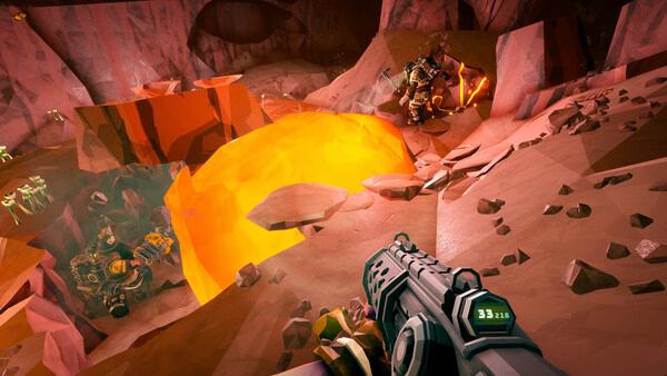 Screenshot from Deep Rock Galactic showing a player aiming a gun at a large glowing crystal in a rocky cave environment.