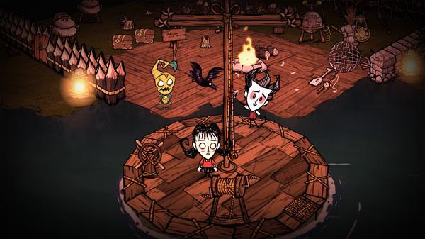 Screenshot from Don't Starve Together showing two characters on a raft, with a campfire and items on the nearby shore.