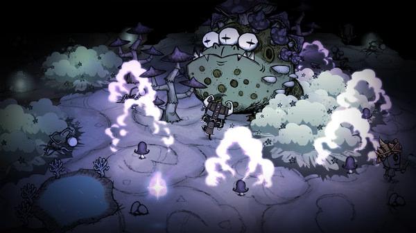 Don't Starve Together screenshot: A player faces a giant frog-like creature amidst glowing mushrooms in a mystical forest.