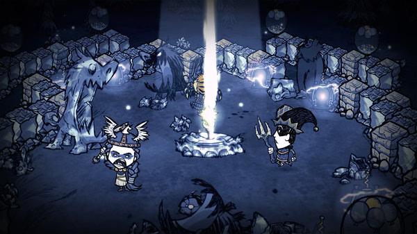 Don't Starve Together screenshot: Characters gather around a glowing fire pit surrounded by stone walls and shadowy creatures.