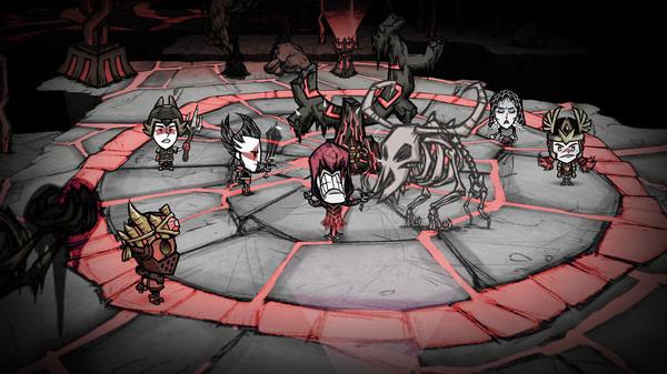 Don't Starve Together screenshot: Characters surrounded by skeletal remains on a red-marked stone floor in a dark environment.