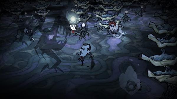 Don't Starve Together screenshot: Characters explore a dark, eerie forest with glowing mushrooms and shadowy creatures lurking nearby.