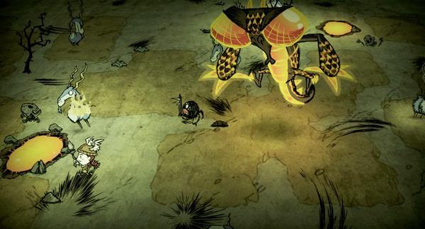 Don't Starve Together screenshot: A character faces off against a large, yellow insect-like creature on a barren landscape.