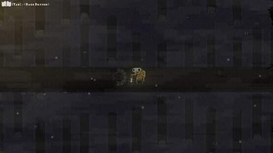 Moonrise Fall screenshot: A small character and a glowing creature walk through a dark, misty corridor surrounded by pillars.