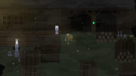 Screenshot from Moonrise Fall: A character explores a dimly lit barn surrounded by stacked wooden logs and mysterious objects.
