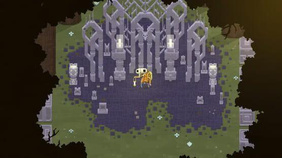 Screenshot from Moonrise Fall showing a pixel art character standing before an intricate stone structure surrounded by glowing symbols.