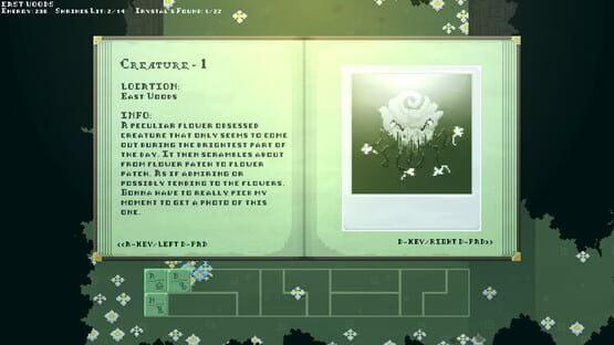 Moonrise Fall screenshot: A journal entry shows a photo and details about a peculiar flower creature in the East Woods.