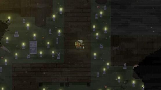 Screenshot from Moonrise Fall showing a character with a lantern navigating through a dimly lit area filled with glowing objects.
