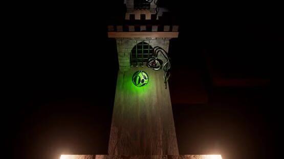 Winexy screenshot: A glowing green ball navigates a wooden path towards a gate under a castle-like structure.